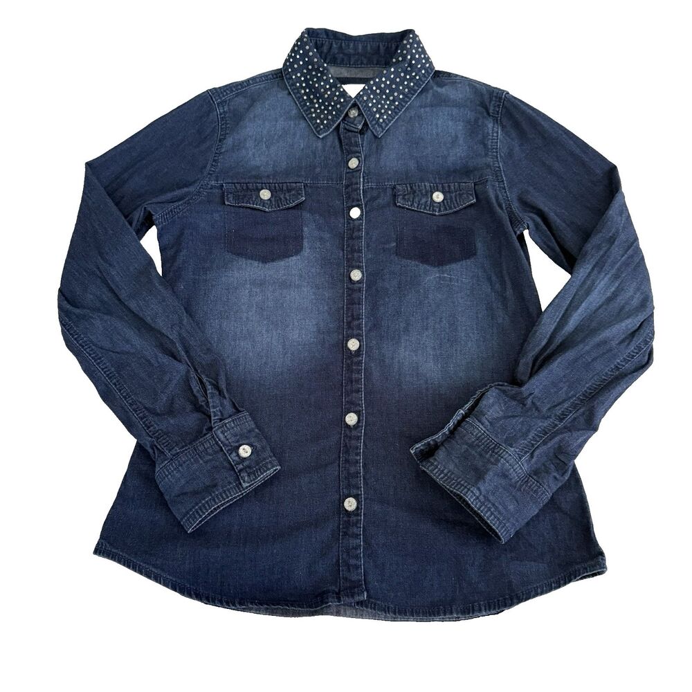 Justice Girls 12 Denim Button Down Shrit Western Rhinestone Sparkle Blue Country